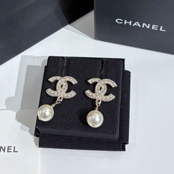 CHANEL Logo Earrings with Crystal Accents - Picture 1 of 4